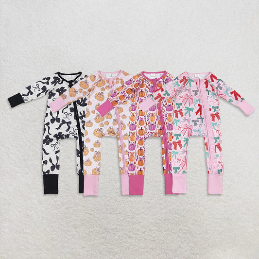 USA Warehouse (IN STOCK) Baby Girls Long Sleeve Zipper Romper with Pink Bows Christmas Theme Cute And Festive Outfit for Little Ones