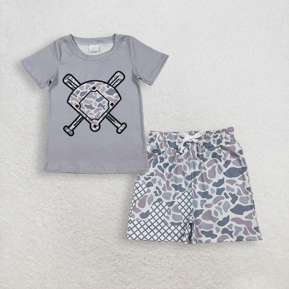 3.14 RTS NO MOQ (In stock)BT1421 + S0586 Fashion Clothing For Baby Boys Light Grey Camo Baseballs Short Sleeve Team T-shirts Top Drip Team Shorts Bottom