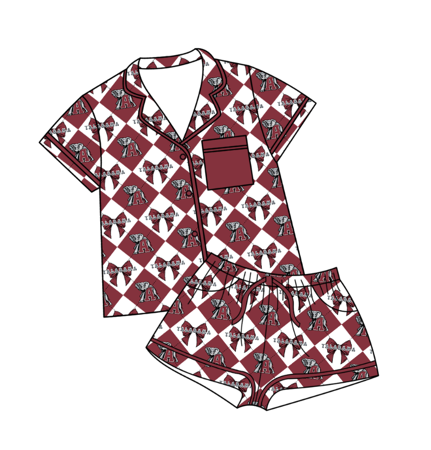 CUSTOM MOQ 5 Baby Girl Dark Red Bow Plaid Top Bottom Shorts Team Pajamas Clothes