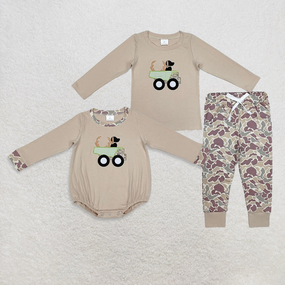 USA Warehouse (IN STOCK)  Baby Boy Camo Hunting Romper Dog Deer Truck Top Matching Pants Set Boys Hunting Clothes