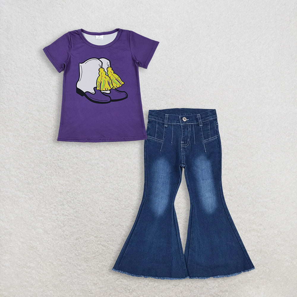 3.3 RTS NO MOQ (In stock)GT1254 + P0457 Baby Girls Summer Mardi Gras Purple Boots Top Denim Jeans Pants Clothes Sets