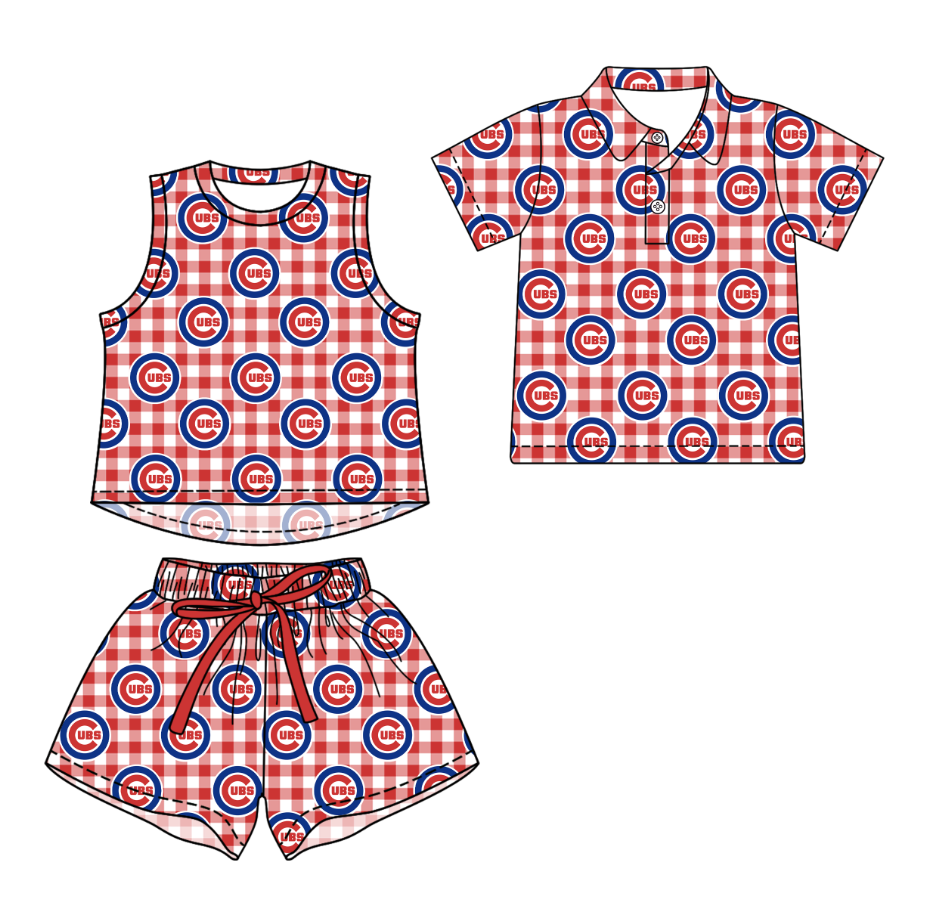3.14 CUSTOM MOQ 5 Sibling Boys Baby Girls Summer Fashion Red Check Sleeveless Top Shorts Button Polo Shirts Team Clothes Sets
