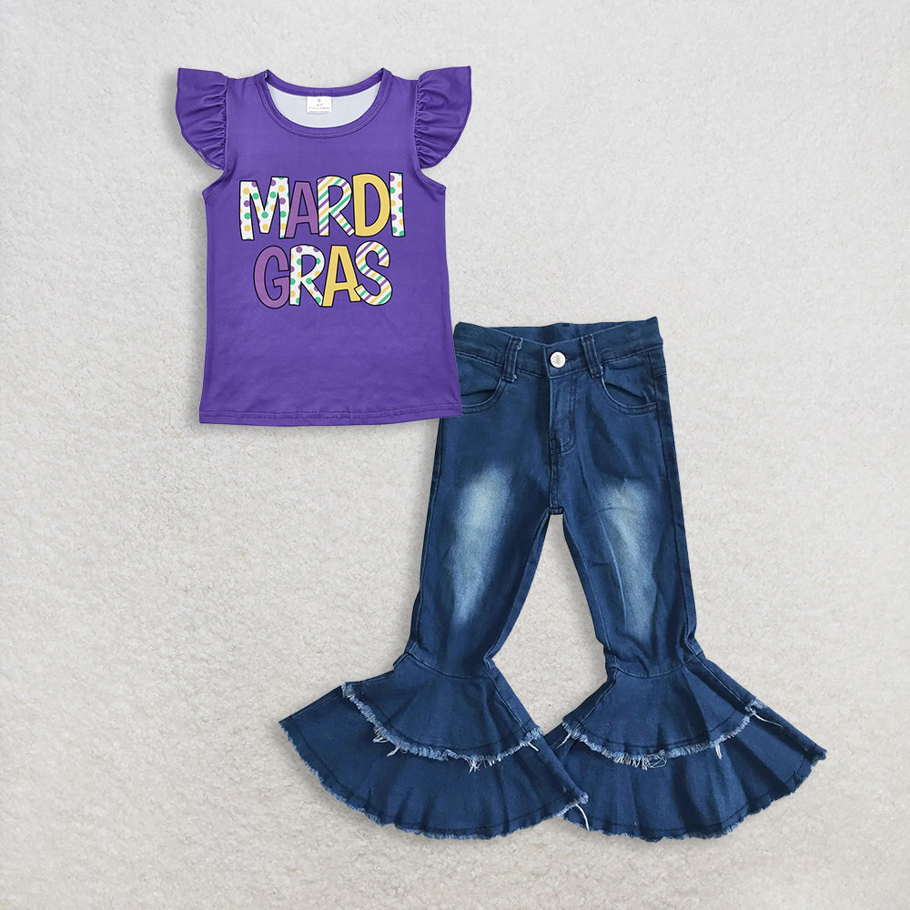 3.2 RTS NO MOQ (In stock)GT0814 + P0003 Baby Girls Mardi Gras Summer Purple Shirt Denim Jeans Pants Clothes Sets