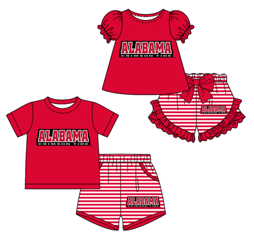 CUSTOM MOQ 5 Sibling Boys Baby Girls Red Top Stripe Shorts Clothes Sets