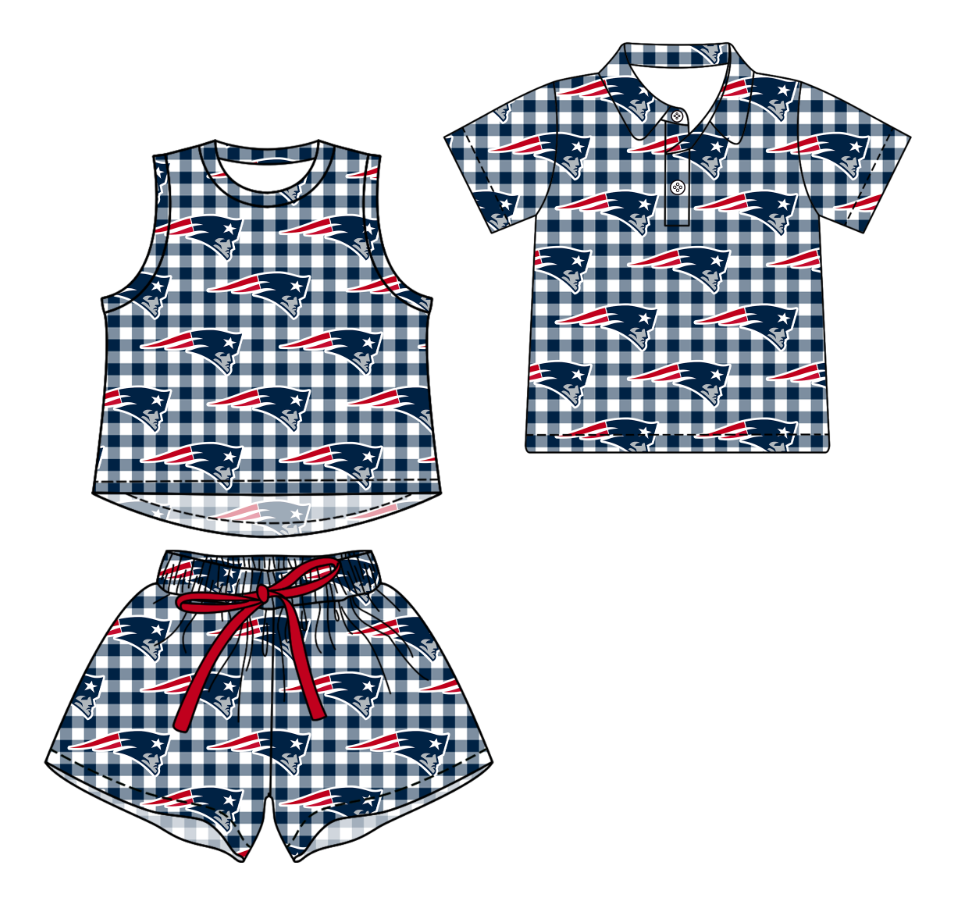 3.16 CUSTOM MOQ 5 Sibling Boys Baby Girls Summer Fashion Dark Blue Check Sleeveless Top Shorts Button Polo Shirts Team Clothes Sets