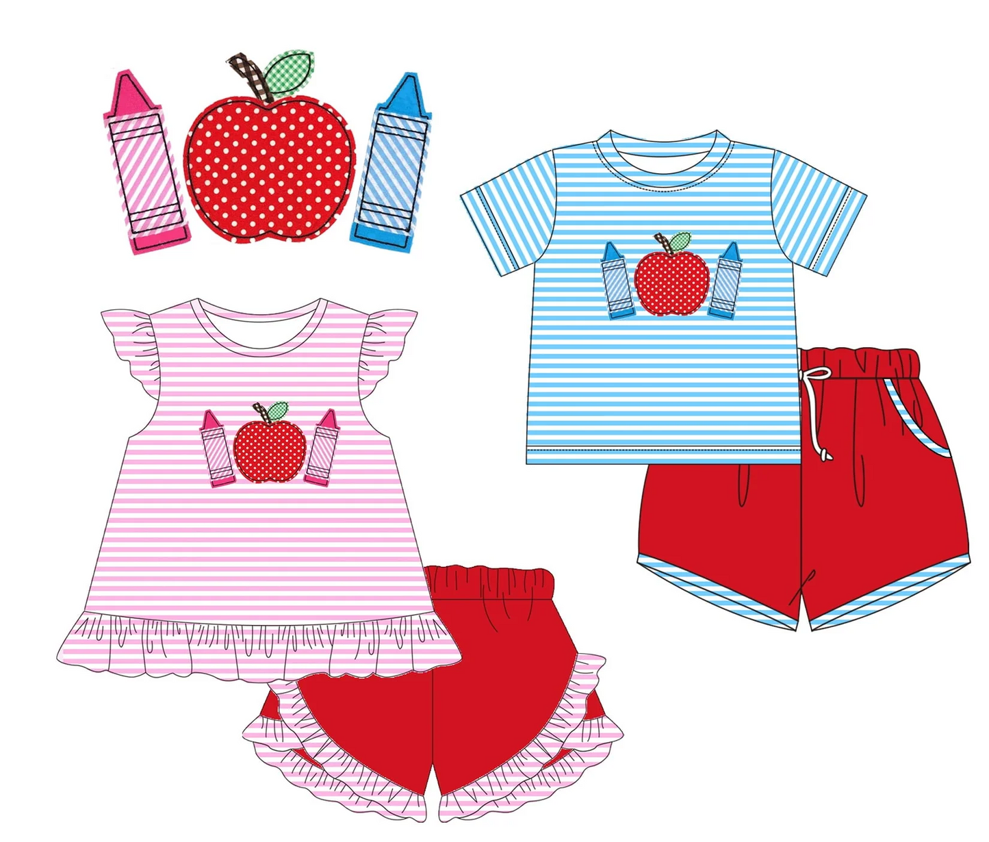 Boys Stripe Apple Crayon Top Shorts Set Back to School Clothing Comfortable Casual Outfit for Kids