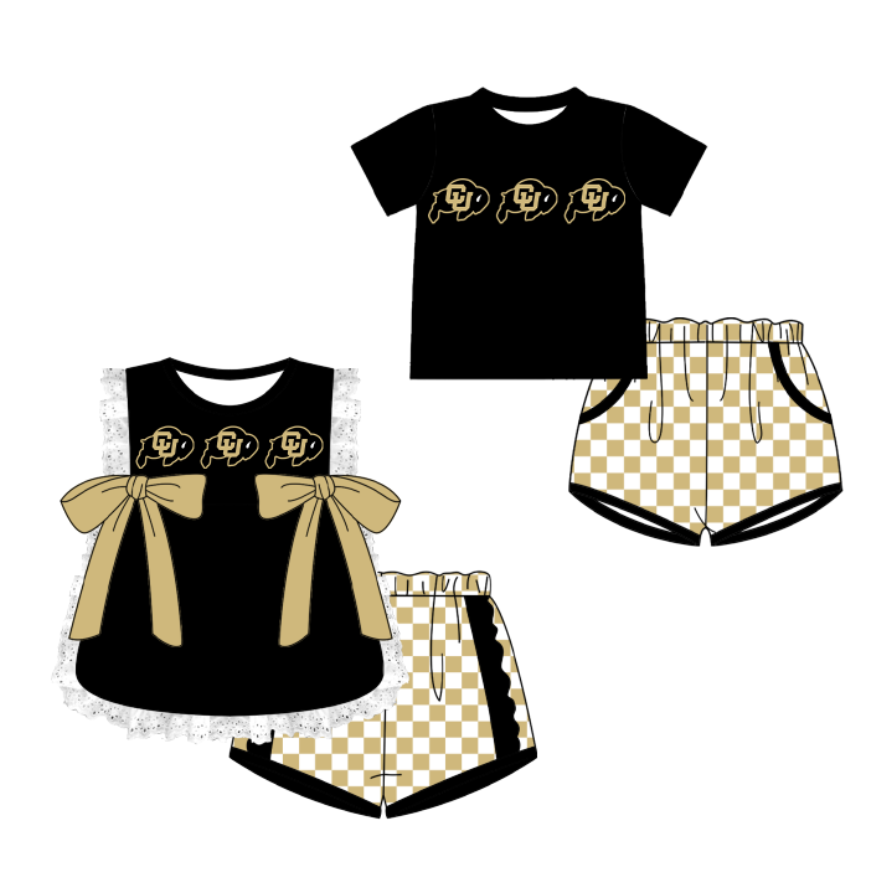 CUSTOM MOQ 5 Cute Comfortable Clothing For Kids Sibling Boys Baby Girls Summer Black Bow Top Khaki Checked Shorts Team Clothes Sets