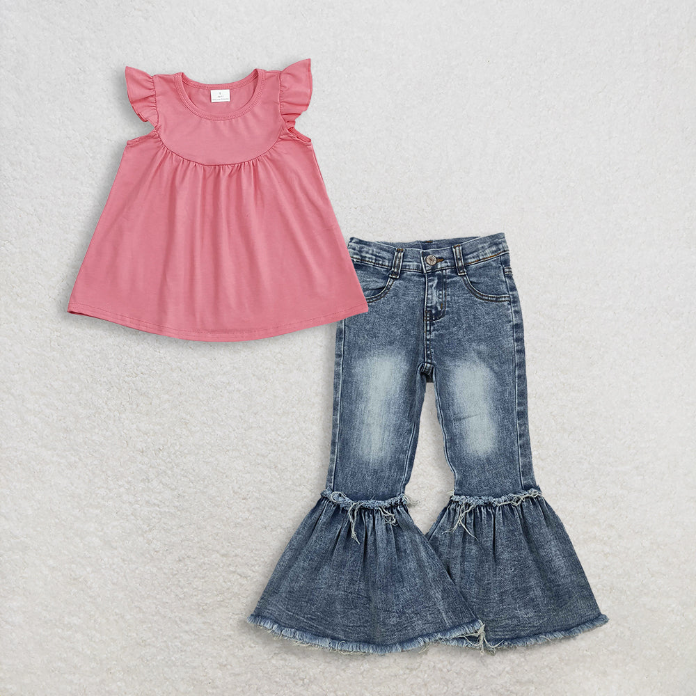 3.10 RTS NO MOQ (In stock)GT0462 + P0676 Baby Girls Dark Pink Flutter Sleeve Tunic Tops Denim Pants Jeans Clothes Set