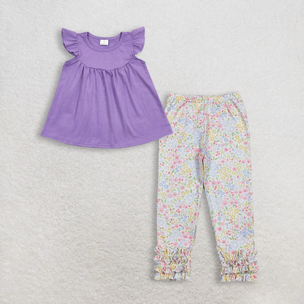 3.11 RTS NO MOQ (In stock)GT0461 + P1005 Baby Girls Lavender Flutter Sleeve Tunic Tops Flowers Ruffle Legging Pants Bottom