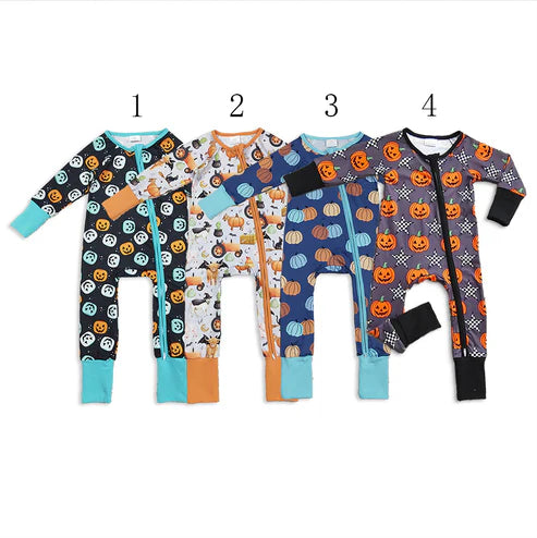 9.27 RTS Sibling Baby Girls Colorful Ghost Pumpkins Fall Halloween Zipper Footie Rompers