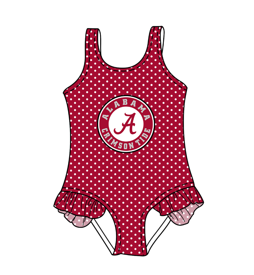 CUSTOM MOQ 5 Cute Comfortable Clothing For Kids Baby Girls Dark Red A Polka Dots Ruffle One Piece Swimsuits