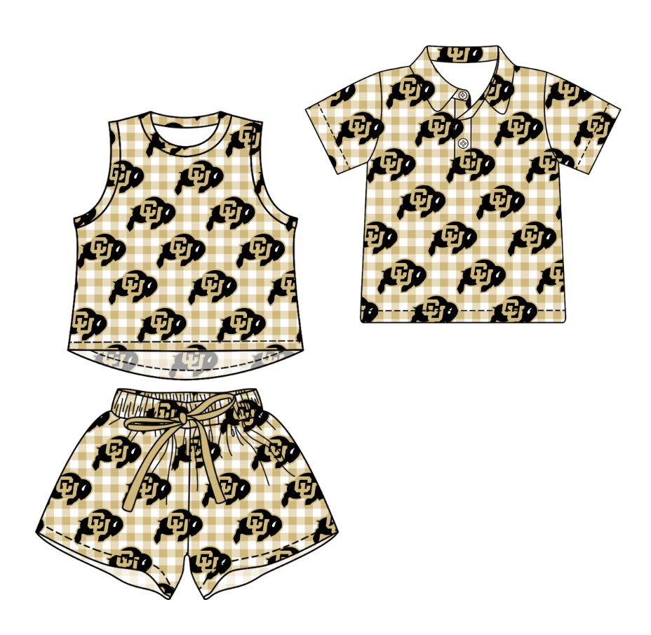 3.16 CUSTOM MOQ 5 Sibling Boys Baby Girls Summer Fashion Khaki Check Sleeveless Top Shorts Button Polo Shirts Team Clothes Sets