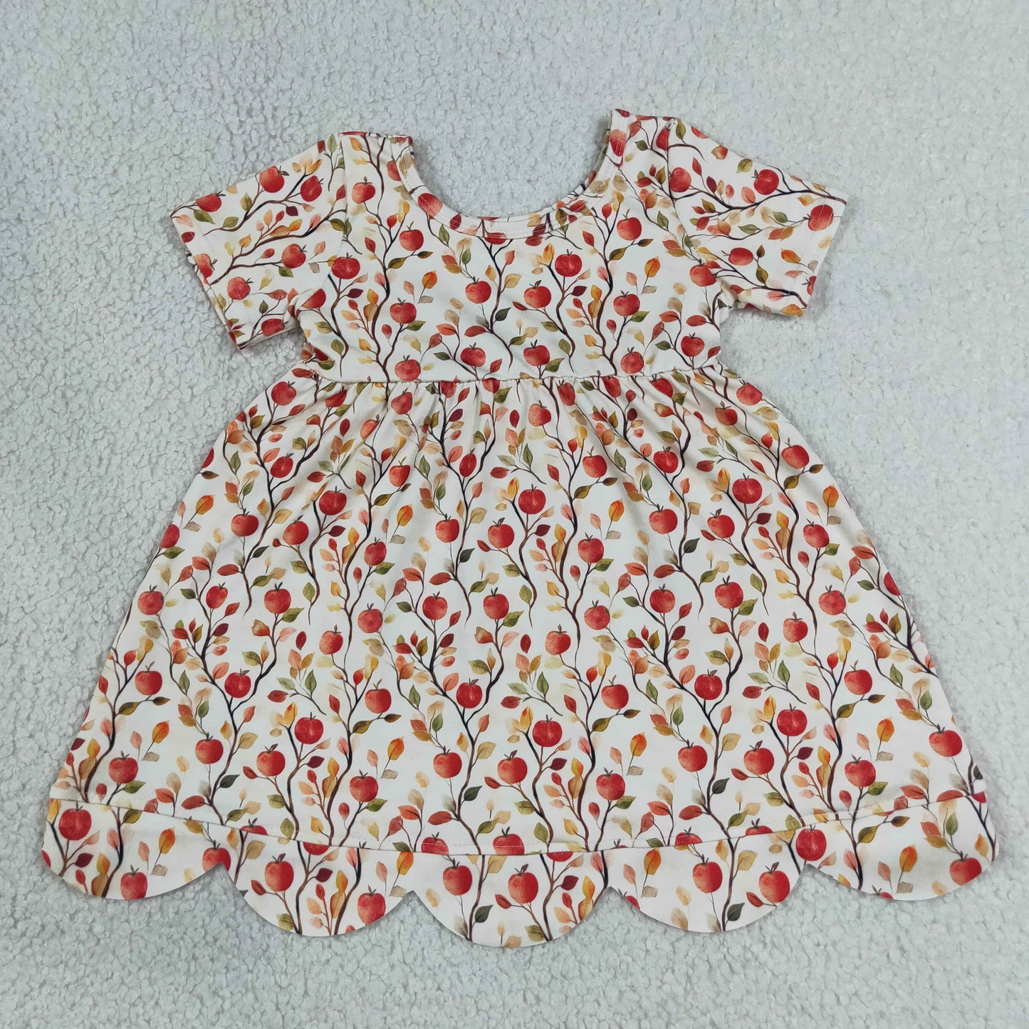 GSD4156 RTS NO MOQ (In stock)Baby Girls Back To School Apples And Flowers Print Scallop Trim Fall Knee Length Dresses(2T-14-16T)