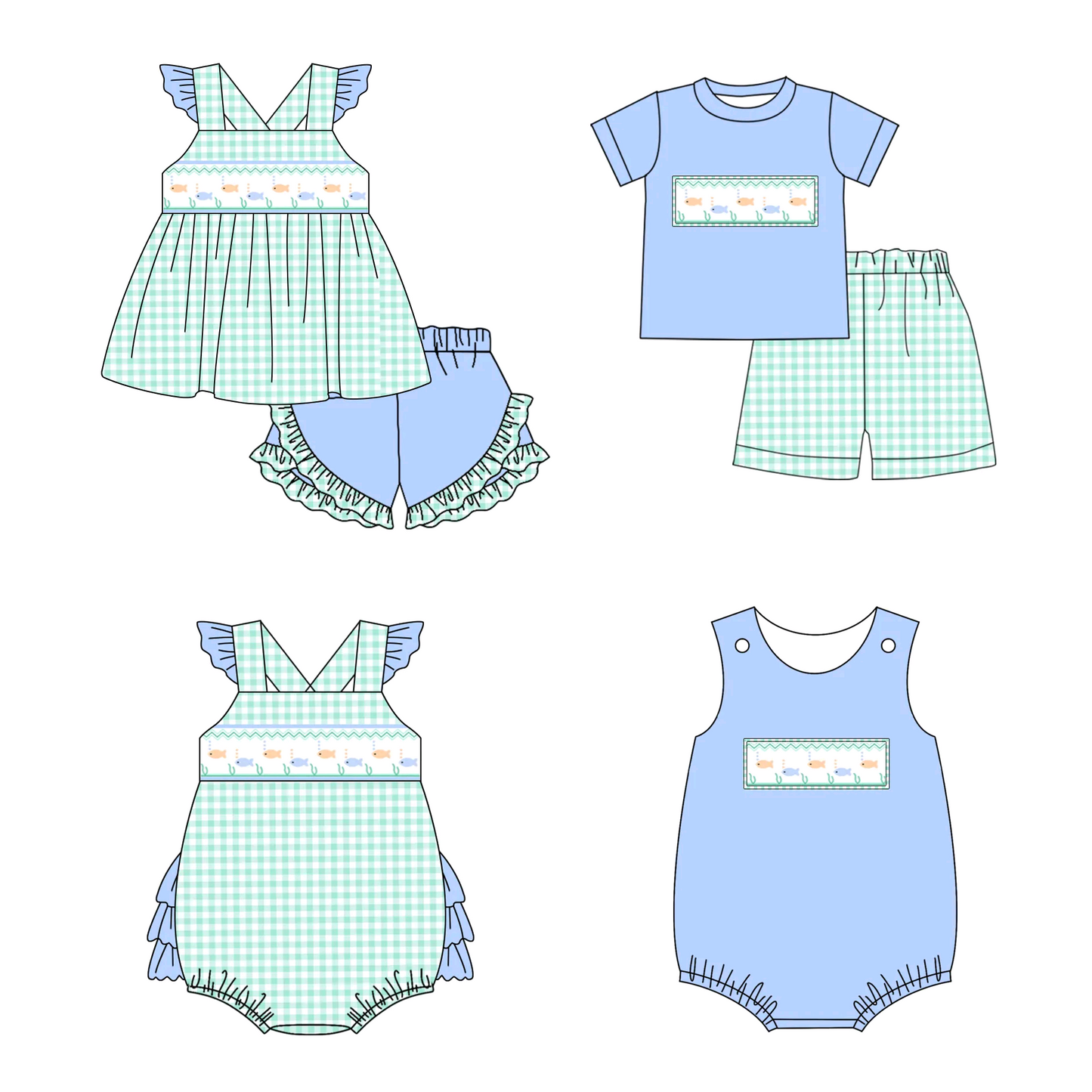 Kids Boys Light Blue Plaid Fishing Top And Shorts Set Summer Clothing Plaid Shorts for Boys Light Blue Fishing Graphic Tee