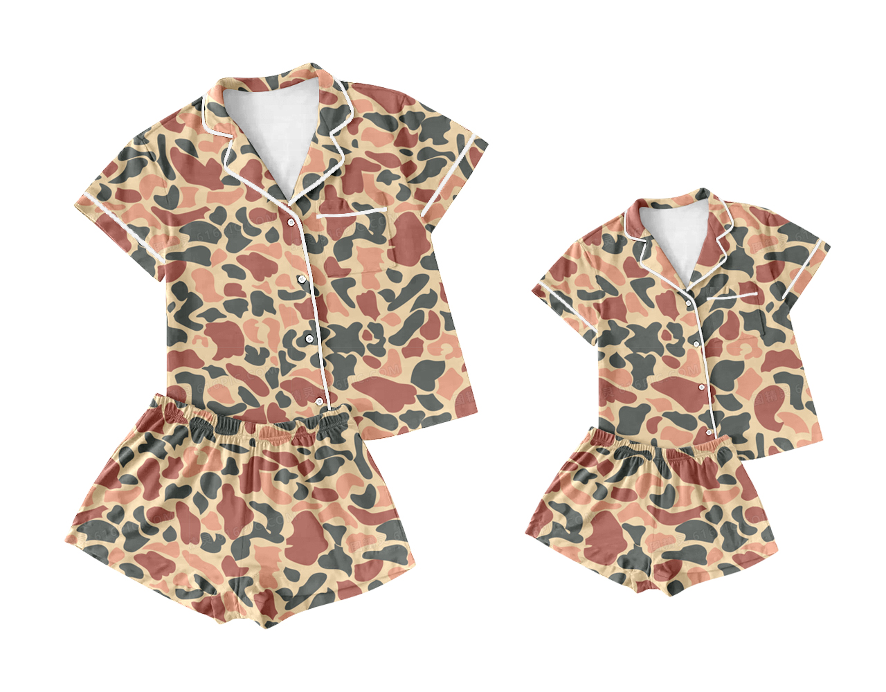 Adult Women and Baby Girls Green Camouflage Hunting Buttons Tops Shorts Pajamas Preorder