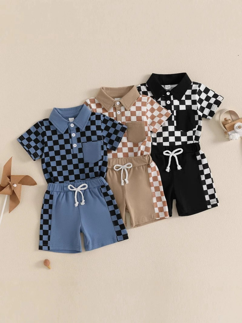 6.12 Pre order Baby Boys Blue Plaid Button Pocket Top Short Set