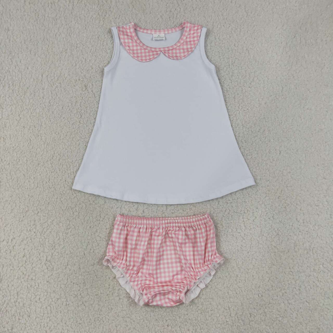 GBO0538(GT1706+SS0939) RTS NO MOQ (In stock)Baby Girls Light Pink Checked Tunic Bummies Clothes Sets