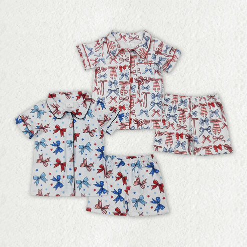 10.16 RTS Sibling Baby Girls Bows Button Top Short 4th Of July Pajamas Sets
