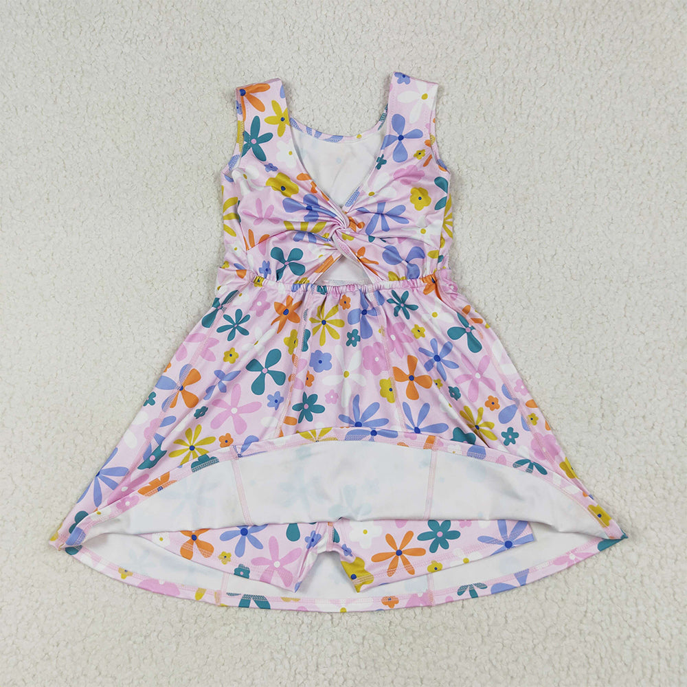 GSD2113 RTS NO MOQ Baby Girls Summer Yoga Dress Baby Girls Pink Colorful Flowers Yoga Active Wear Skort Knee Length Dresses