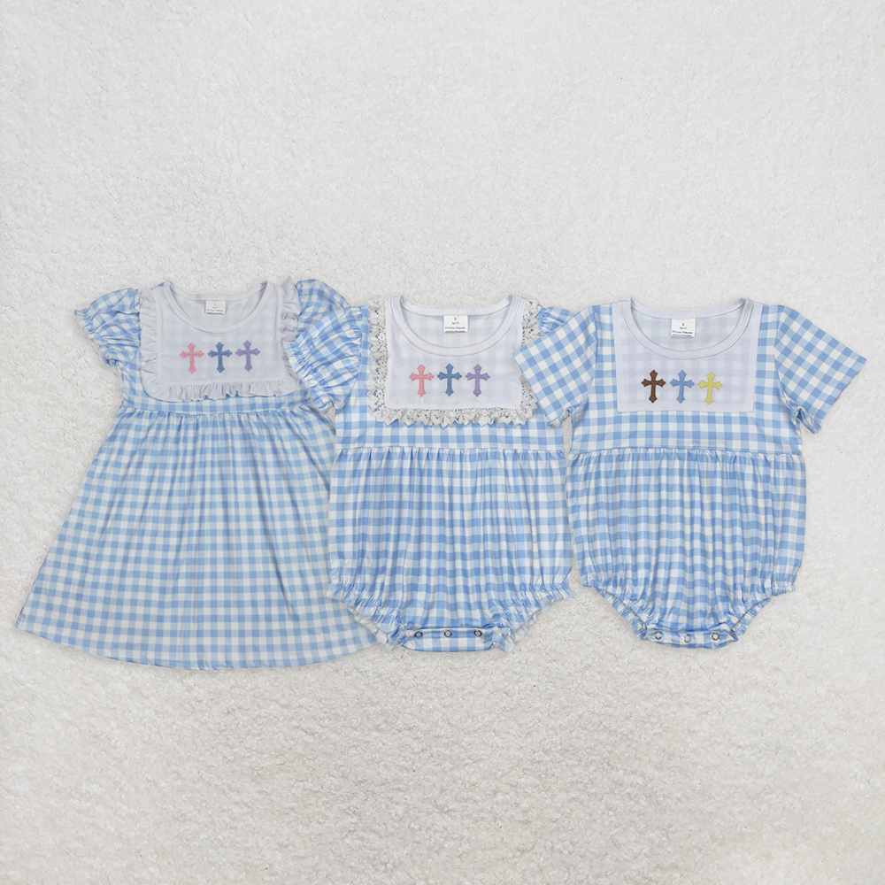 6.16 RTS NO MOQ Light blue plaid cross baby girls Easter dresses rompers