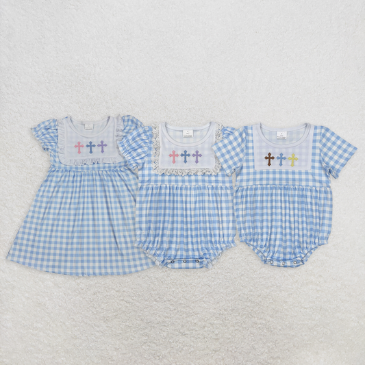 6.16 RTS NO MOQ Light blue plaid cross baby girls Easter dresses rompers