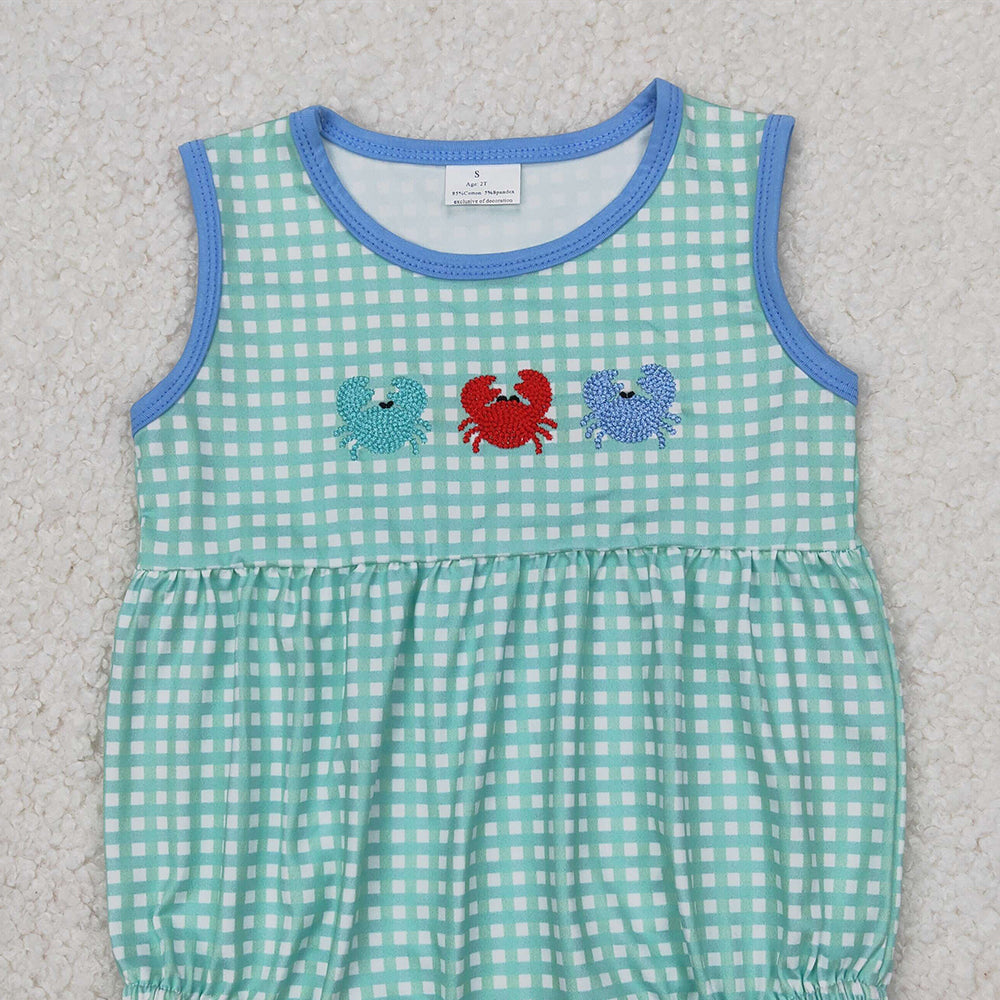 4.10 SR2660 RTS NO MOQ Baby Boys Summer Romper Baby Boys Aqua Plaid Sleeveless Crabs Rompers