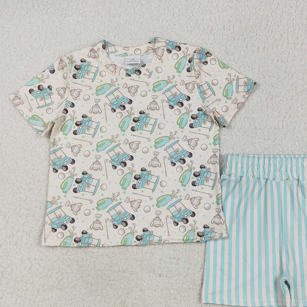 GSSO2614 RTS NO MOQ Baby Girls Summer Outfits Baby Girls Short Sleeves Golf Top Blue Stripes Short Pajamas Set