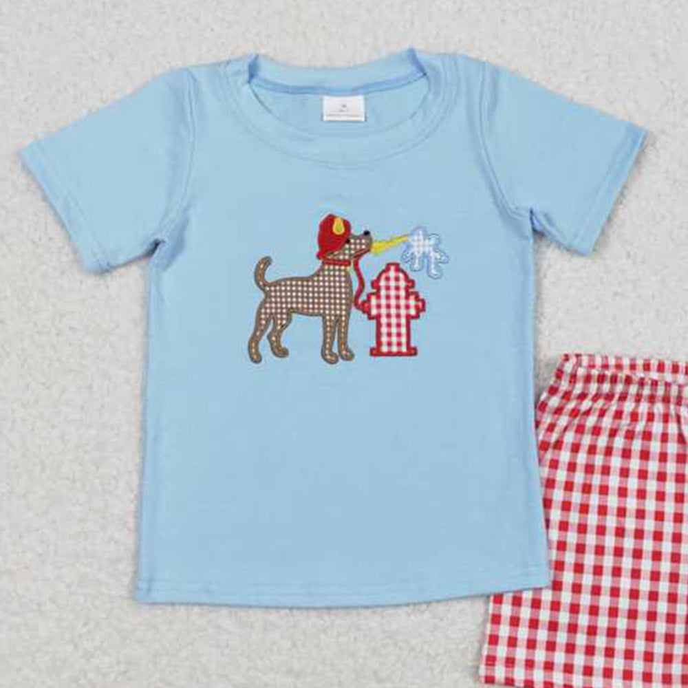 BSSO0377 New Rts No Moq 8-9 Days By Air Arrived it Back the Red Dog Plaid Shorts Kids Boys Outfits Top Matching Set Boys Clothing Plaid Pattern Comfortable Fit for Children