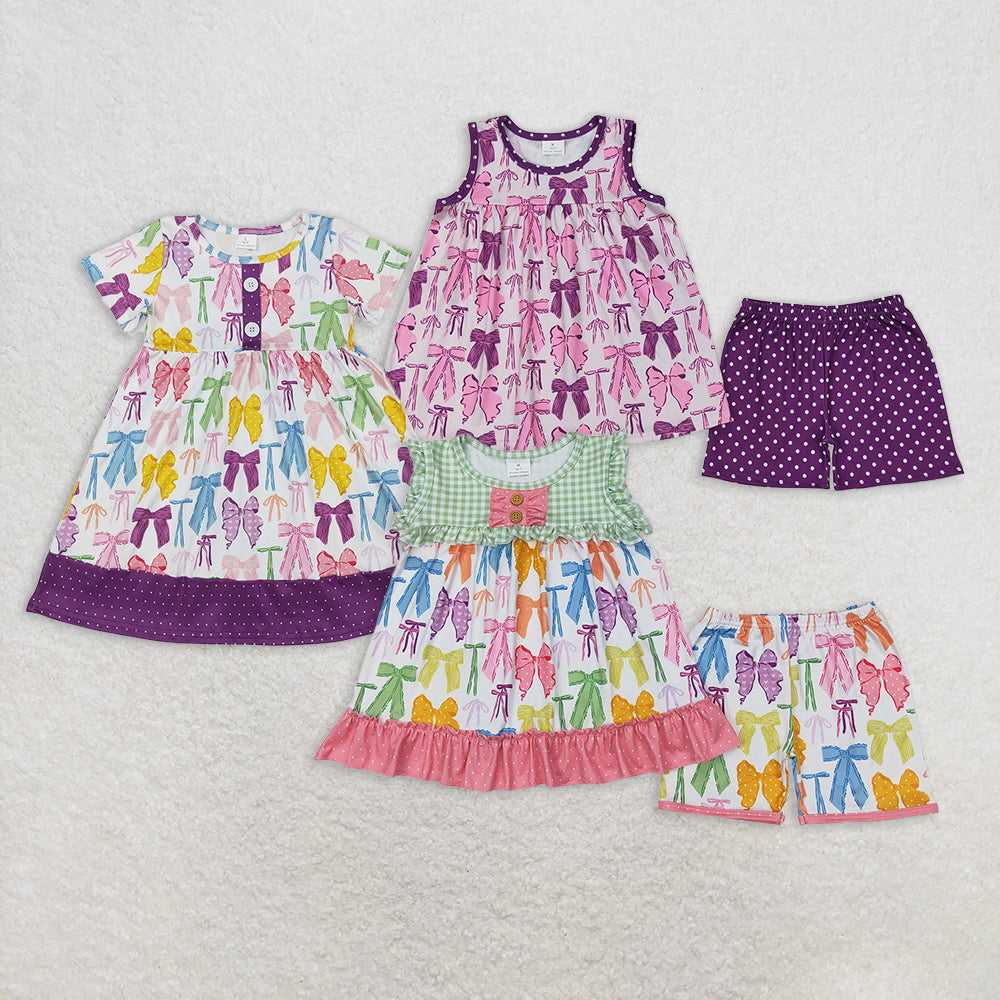 7.14 RTS NO MOQ Sleeveless plaid bow tunic shorts girls clothing dress set