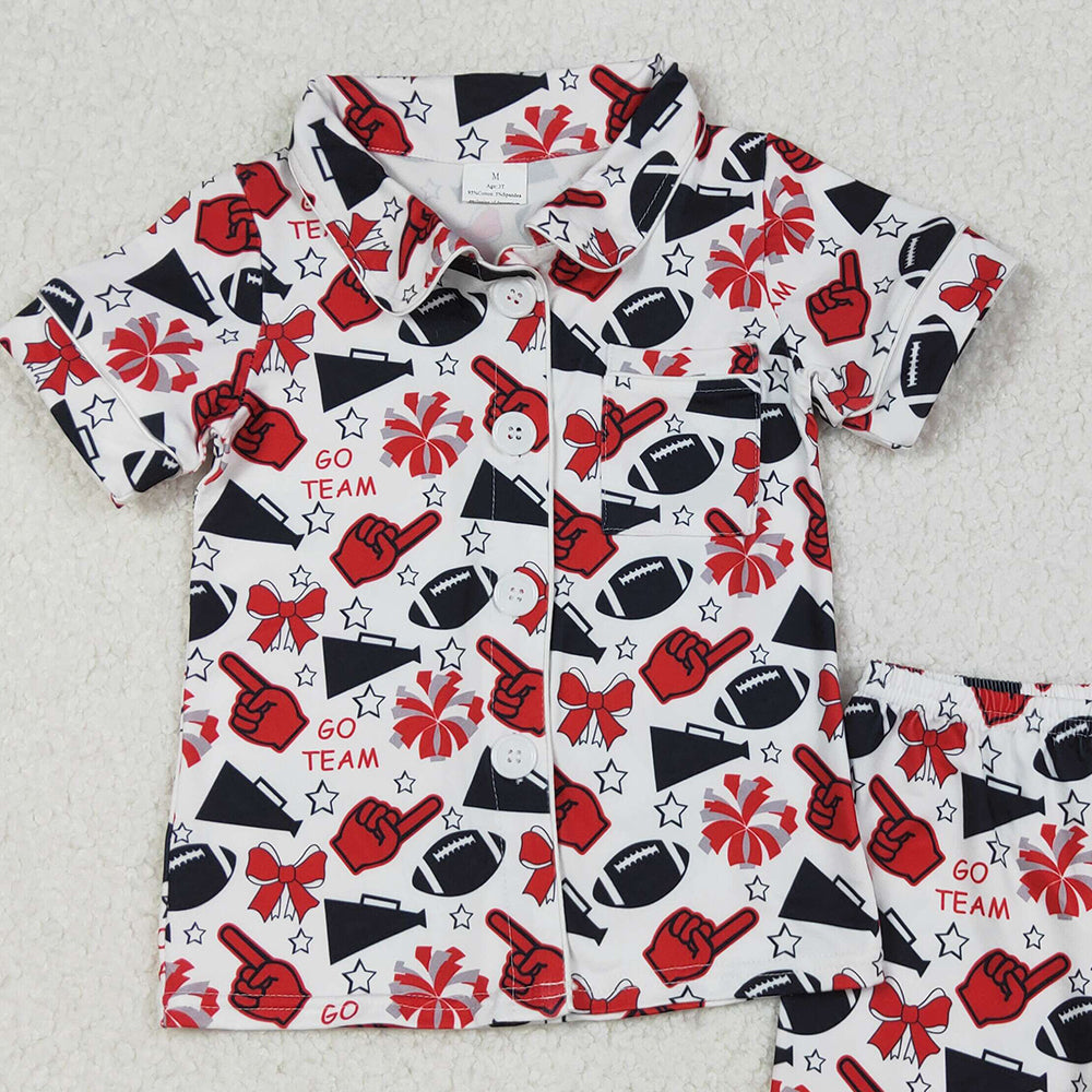 RTS NO MOQ (In stock)GSSO2674 Baby Girls Winter Outfits Team Black Stars Football Button Top Shorts Pajamas Sets