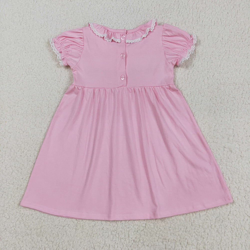 8.22 RTS NO MOQ (In stock)GSD2718Baby Girls Summer Dress Baby Girls Ruffle Sleeves Embroidery Bows Knee Length Dresses