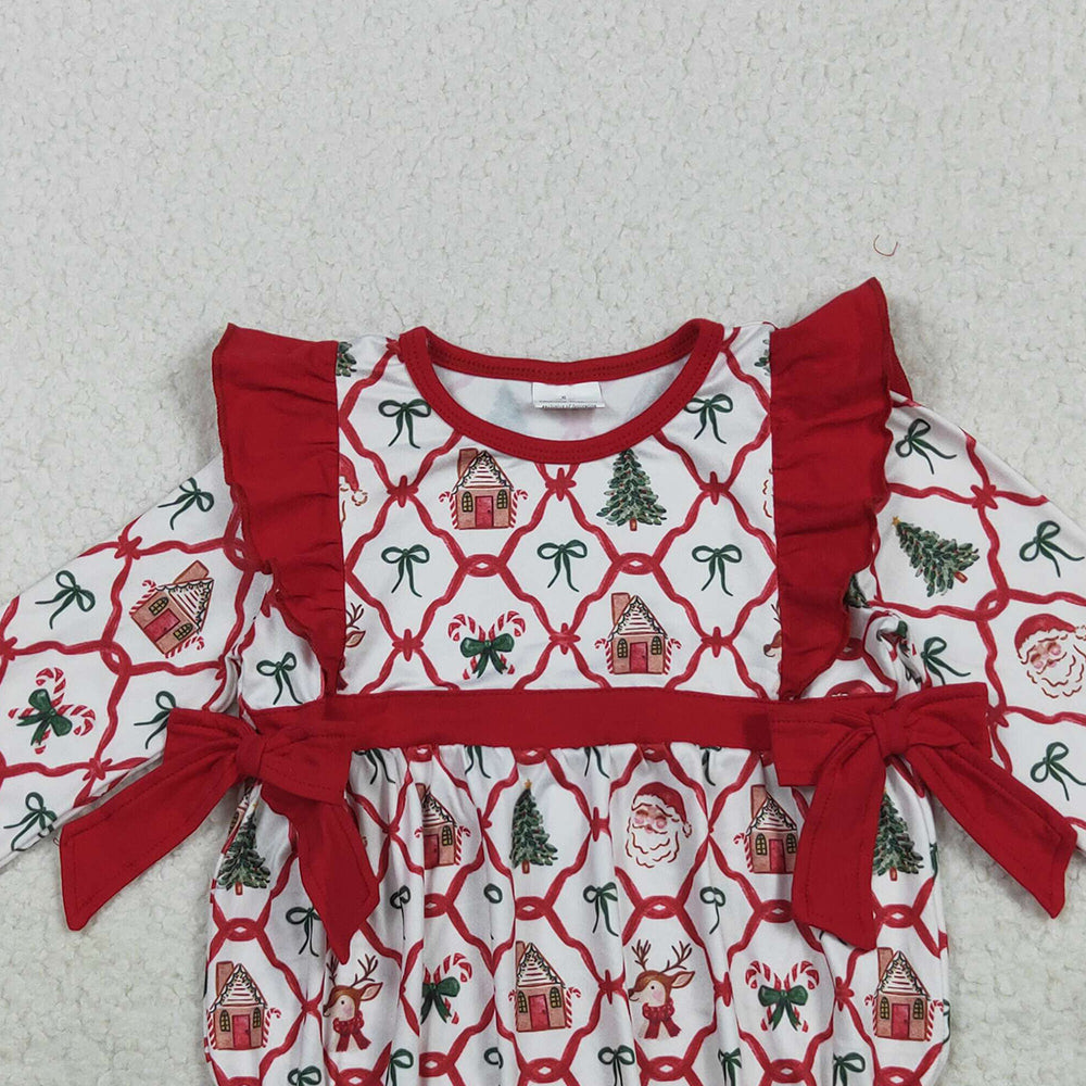 RTS NO MOQ (In stock)LR2352 Baby Girls Winter Rompers Baby Girls Christmas Trees Bows Ruffle Rompers