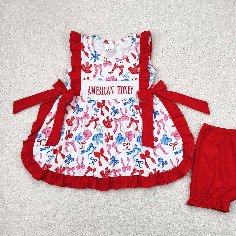 5.17 GSSO2538 RTS NO MOQ Baby Girls Summer Outfits Baby Girls American Honey Red Blue Bows Tunic Ruffle Short 4th Of July Set