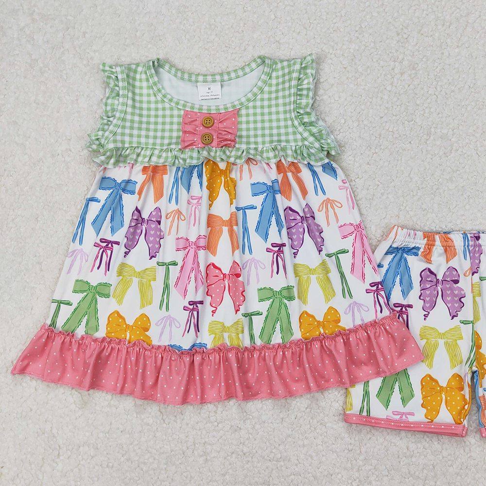 4.17 GSSO2089 RTS NO MOQ Colorful bow pattern polka dot lace green plaid sleeveless shorts set