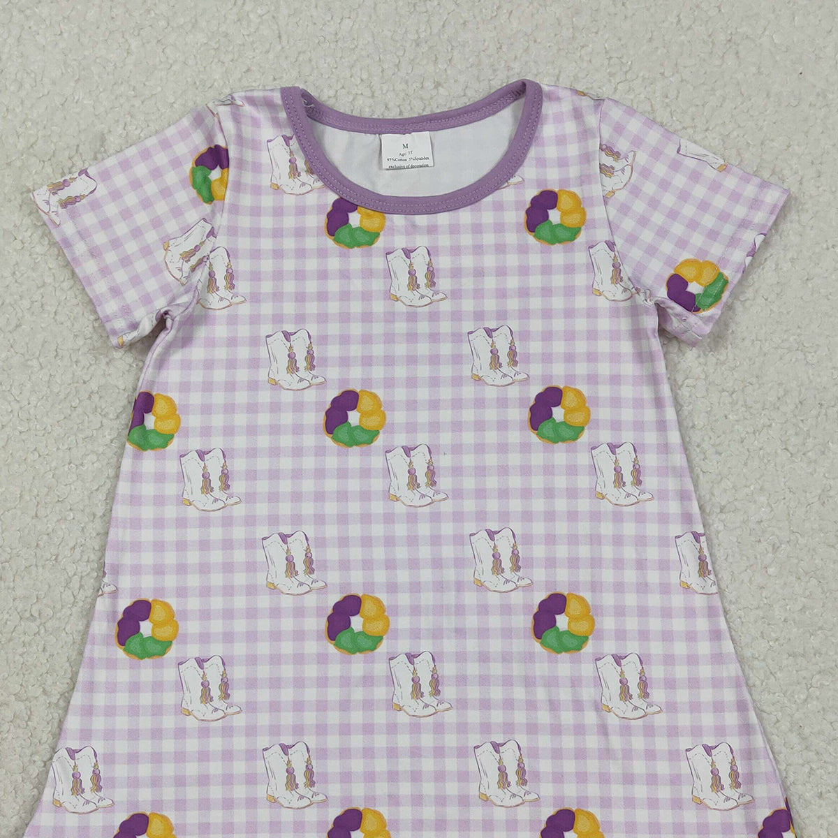 12.10 RTS NO MOQ (In stock)GSD2900 Baby Girls Mardigras Boots Donuts Checked Ruffle Knee Length Dresses