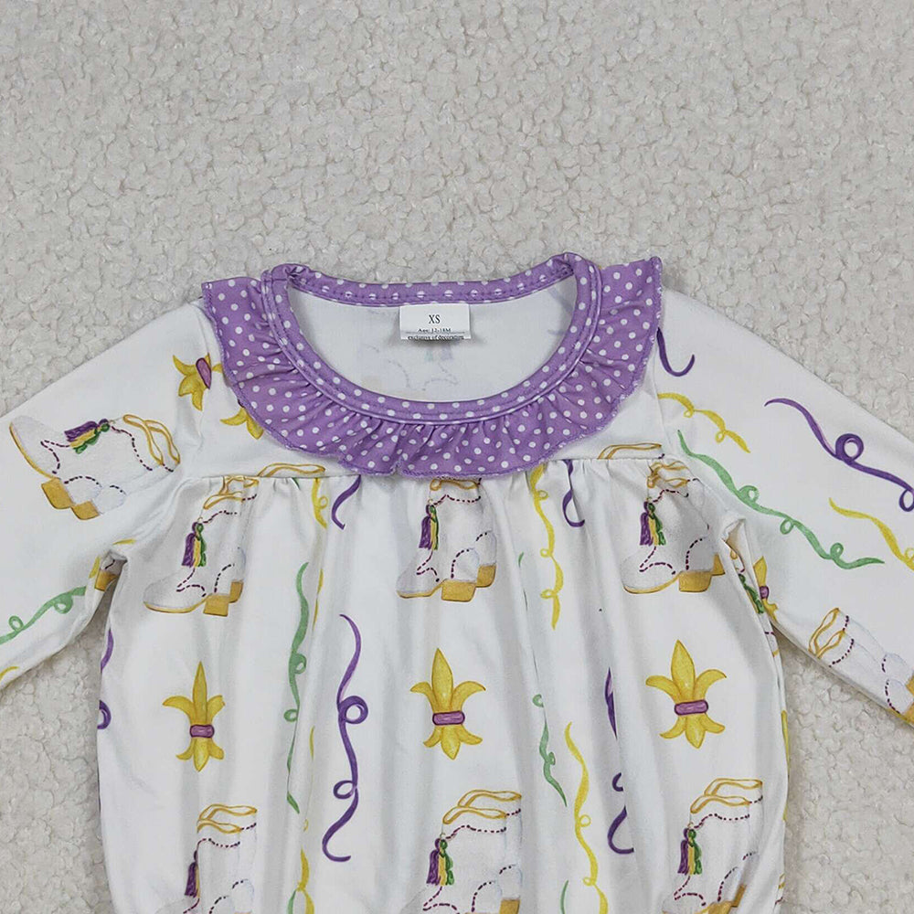 9.29 RTS NO MOQ (In stock)LR2042 Baby Girls Winter Rompers Baby Infant Girls Mardigras Anchors Boots Stripe Ruffle Rompers