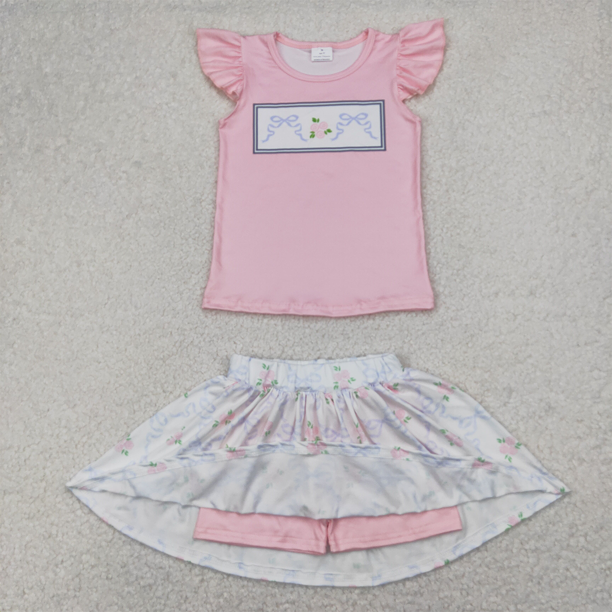 4.09 GSD2298 RTS NO MOQ Baby Girls Skirt Sets Baby Girls Summer Outfits Flutter sleeves floral bow top skirt kids girls clothes