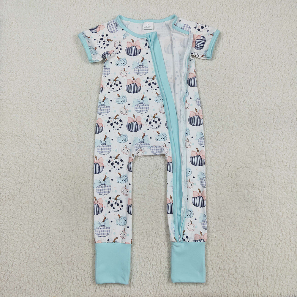 RTS NO MOQ (In stock)SR3109 Baby Girls Winter Rompers Baby Infant Girls Blue Bows Pumpkins Fall Zipper Footie Rompers