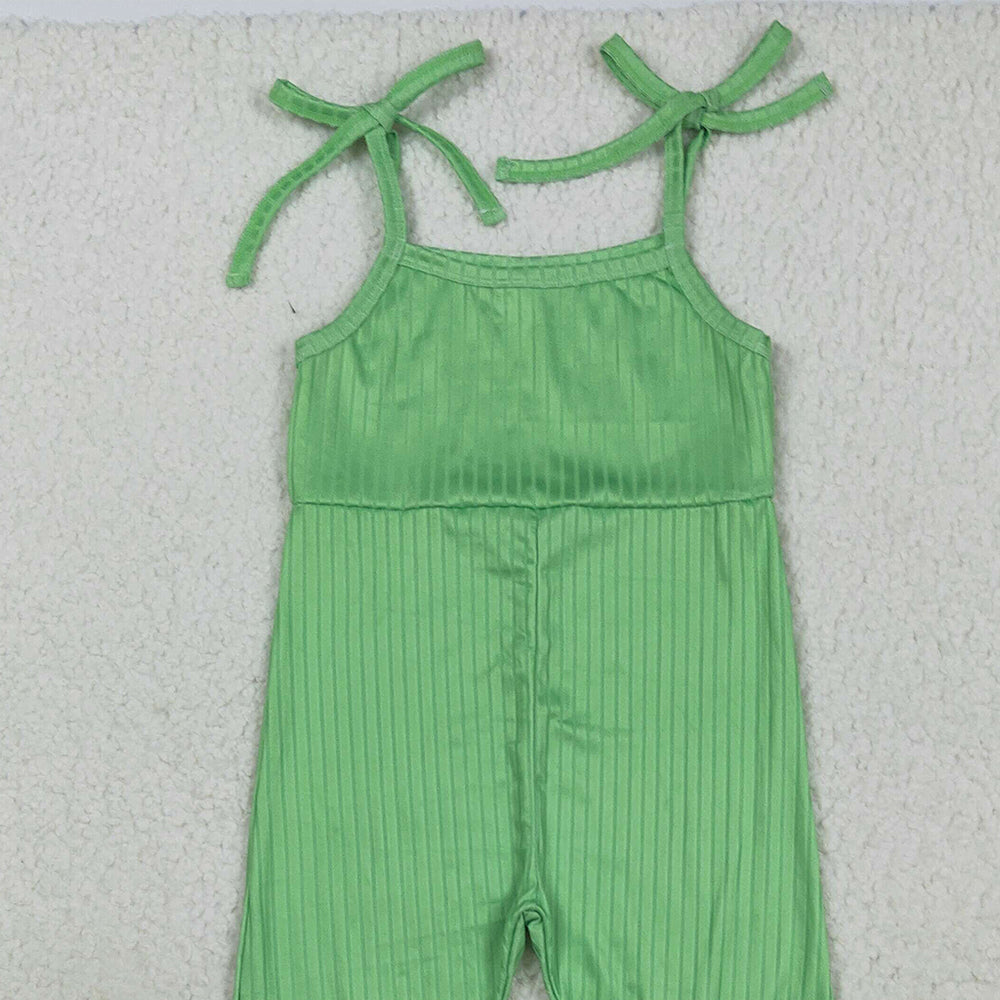 RTS NO MOQ (In stock)SR3160 Baby Girls Summer Jumpsuits Baby Girls Green Strap Bell Bottom Ribbed Jumpsuits