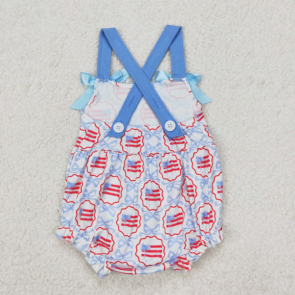 4.24 SR2691 RTS NO MOQ Blue straps bow flag baby girls 4th of july romper