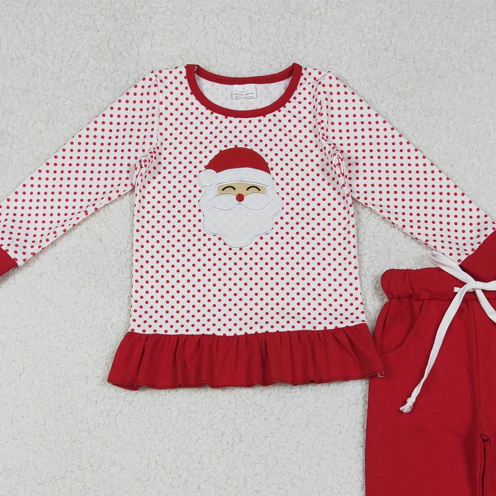 10.10 RTS NO MOQ (In stock)GLP2708 Embroidery Santa Baby Girls Polka Dots Ruffle Top Pockets Leggings Christmas Clothes Set