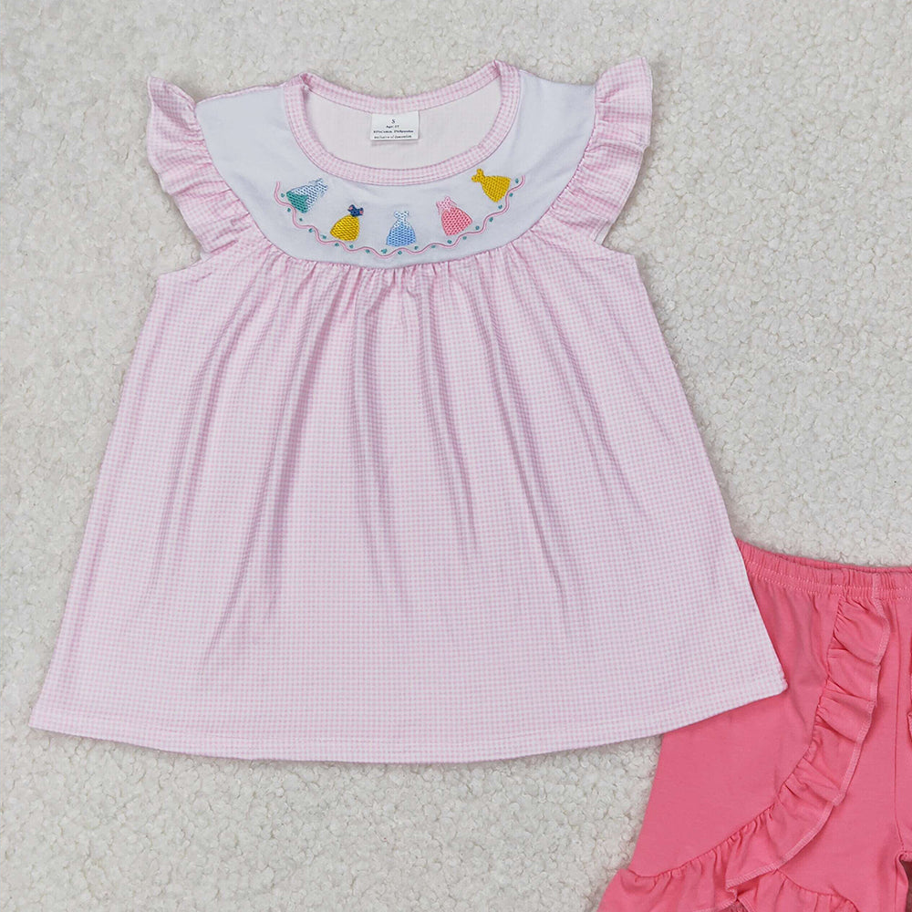 6.13 GSSO2125 RTS NO MOQ Baby Girls Summer Outfits Baby Girls Pink Flutter Sleeves Dresses Tunic Ruffle Shorts Set