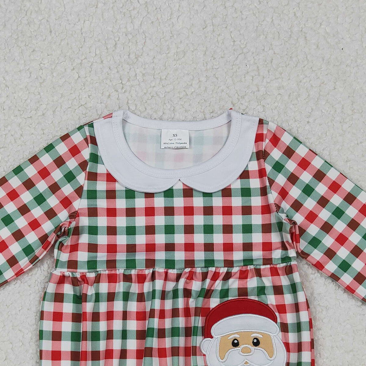 10.11 RTS NO MOQ (In stock)LR2357 Baby Girls Winter Rompers Embroidery Santa Baby Girls Red Green Checked Ruffle Collar Rompers