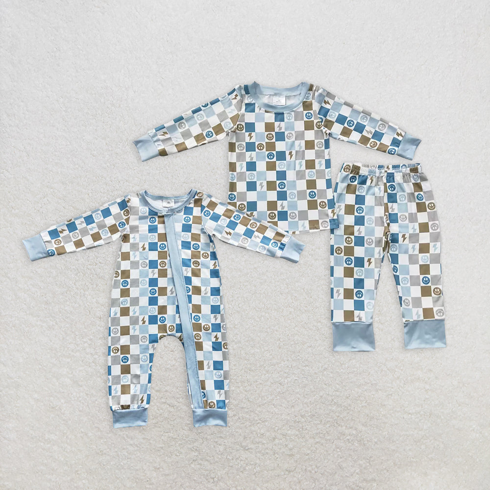 7.02 RTS NO MOQ Smile plaid long sleeves baby kids fall pajamas