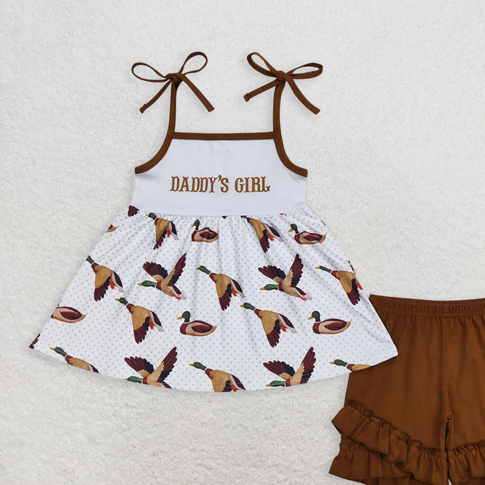 GSSO0807RTS NO MOQ Baby Girls Summer Outfits Daddy's girl embroidered letter duck suspenders brown shorts suit