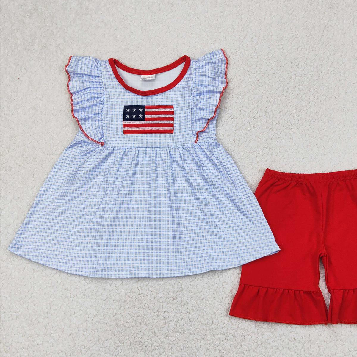 6.21 GSSO2238 RTS NO MOQ Baby Girls Summer Outfits Embroidery Baby Girls Blue Checkered Flag Tunic Top Ruffle Shorts Clothes Sets