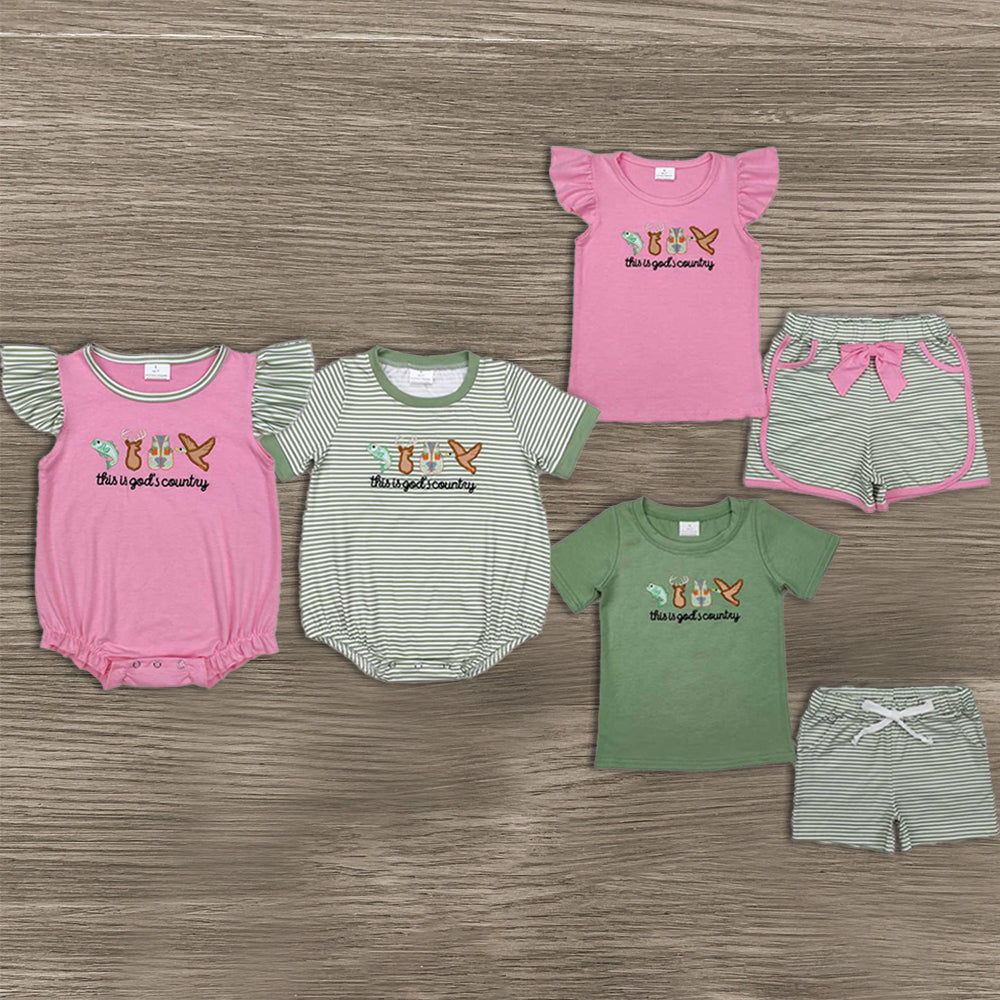 6.04 New Rts No Moq 8-9 Days By Air Arrived it Boys Clothing Set - God's Country Fish Deer Duck Top Shorts - Outdoor Theme Boys Outfit