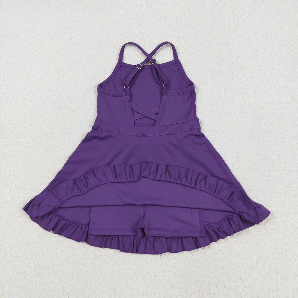 USA Shop (in stock) S0554RTS NO MOQ Baby Girls Summer Yoga Dress Purple straps ruffle baby girls summer active wear