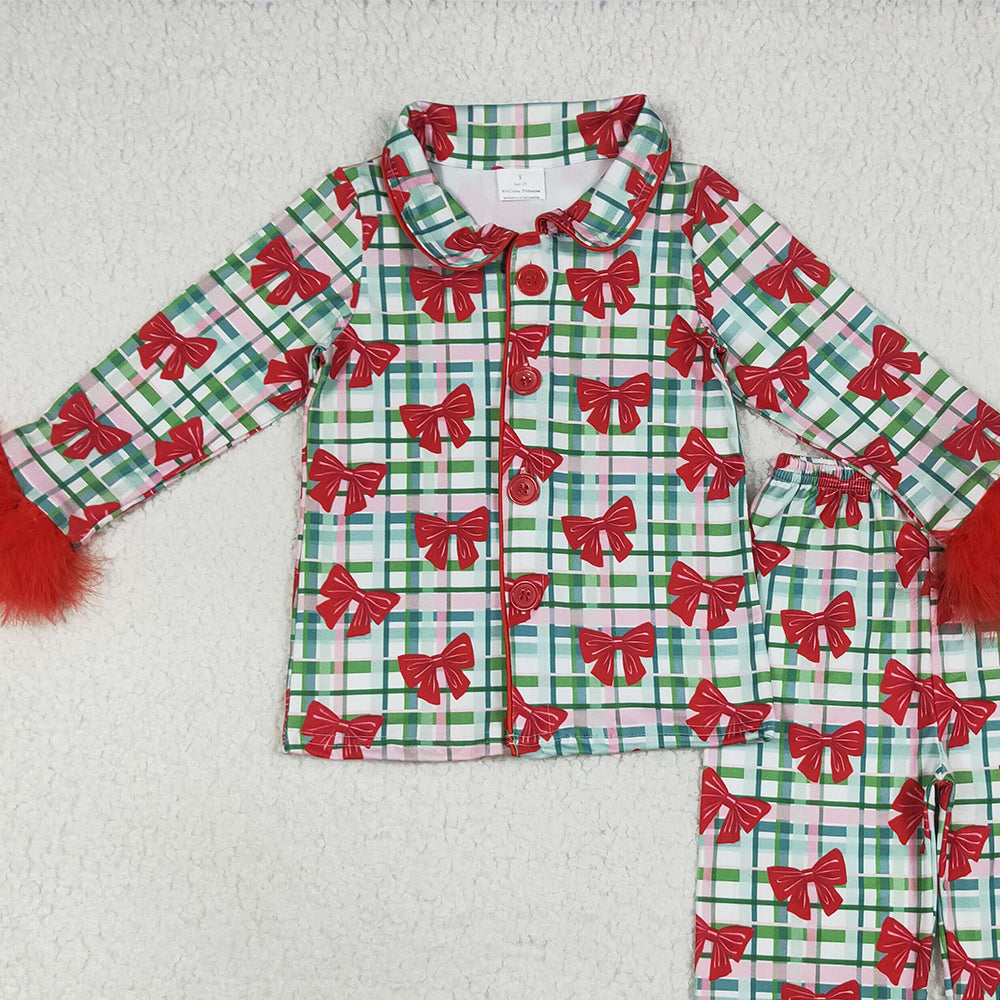 8.18 RTS NO MOQ (In stock) GLP2372 Baby Girls Winter Outfits Baby Girls Red Long Sleeves With Fur Bows Plaid Button Top Pants Pajamas Set