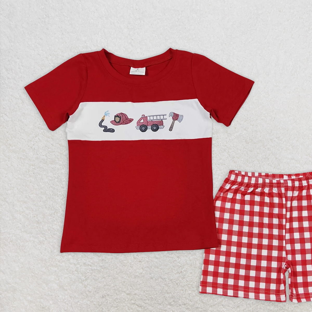 BSSO0666 RTS NO MOQ Baby Boys Summer Boys Outfits Baby Boys Fire Truck Red Shirt Shorts Outfits Clothes Sets